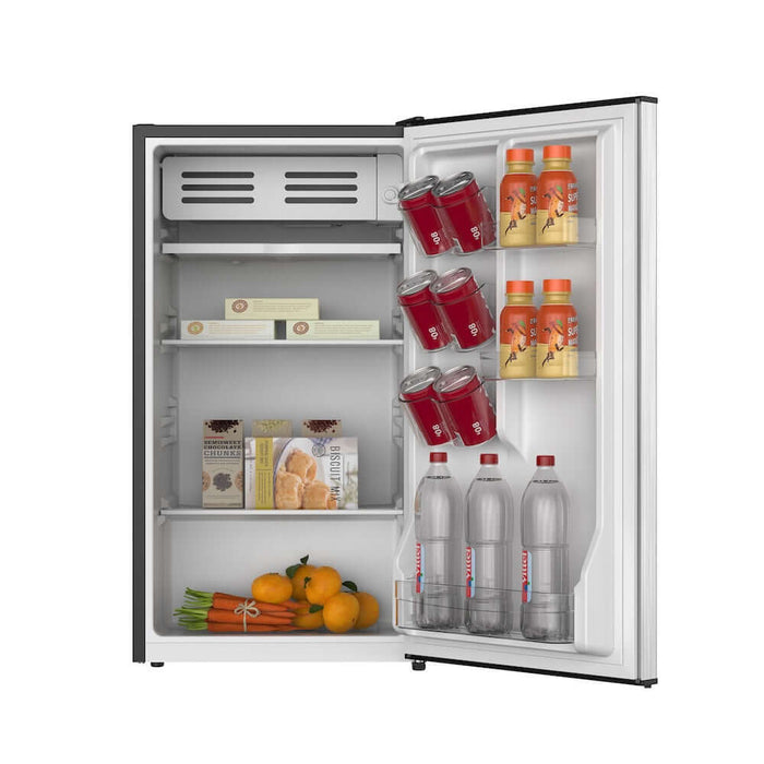 TCL 18 in. 3.1 Cu. Ft. Compact Single Door Mini Fridge in Silver (TRM31S4AV) with open door displaying various items on a white background