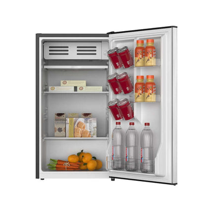 TCL 18 in. 3.1 Cu. Ft. Compact Single Door Mini Fridge in Silver (TRM31S4AV) with open door displaying various items on a white background