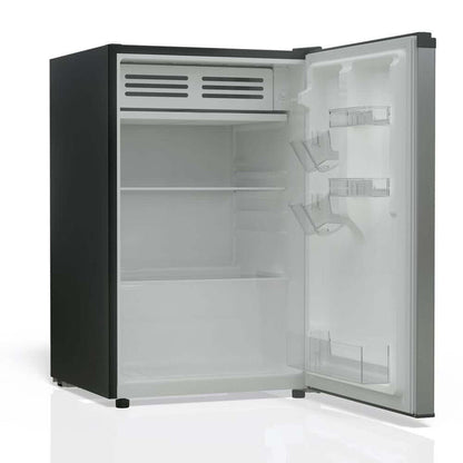 TCL 21 in. 4.5 Cu. Ft. Compact Single Door Mini Fridge in Silver (TRM45S4AV) with open door on a white background