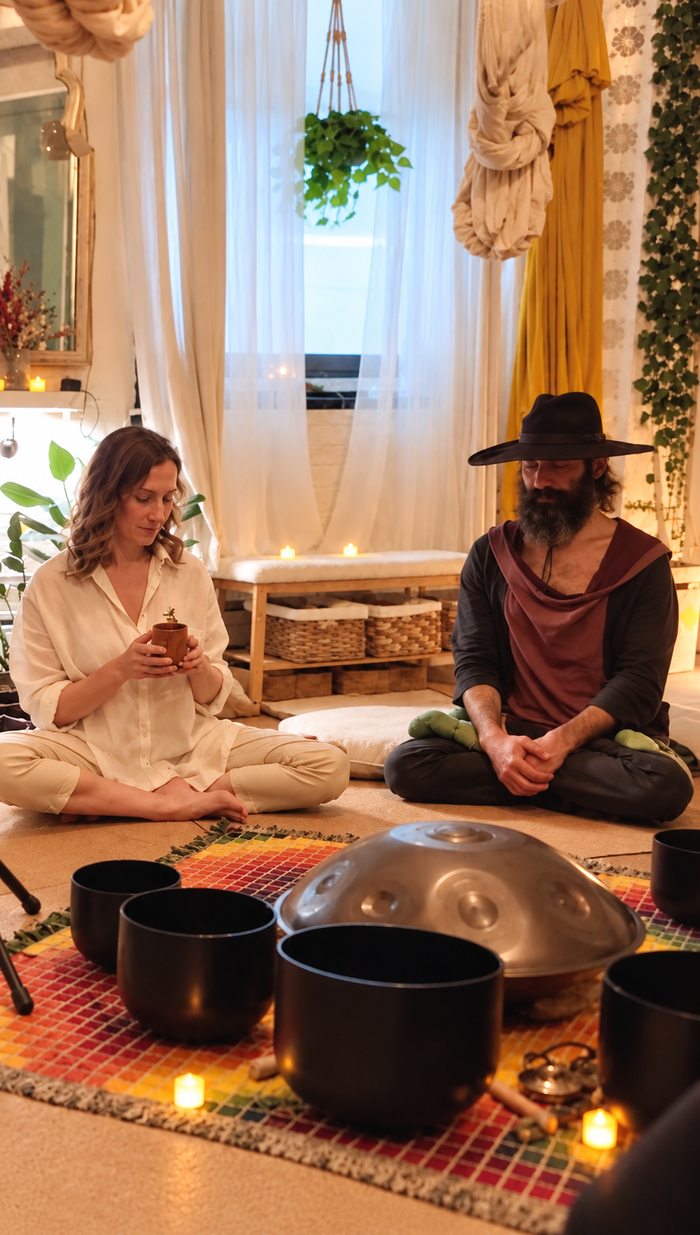A man and a woman sit cross-legged on a decorated floor in a cozy room, surrounded by singing bowls and candles. The woman holds a small phone, and the man wears a black hat and dark clothing.