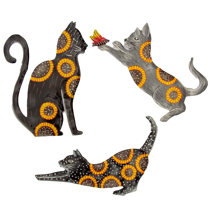 Three Hand Crafted Cat Steel Drum Wall Art Painted with Sunflowers, Fair Trade, Haiti