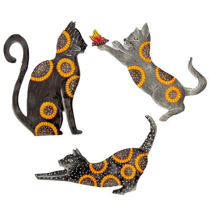 Three Hand Crafted Cat Steel Drum Wall Art Painted with Sunflowers, Fair Trade, Haiti