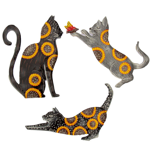 Three Hand Crafted Cat Steel Drum Wall Art Painted with Sunflowers, Fair Trade, Haiti