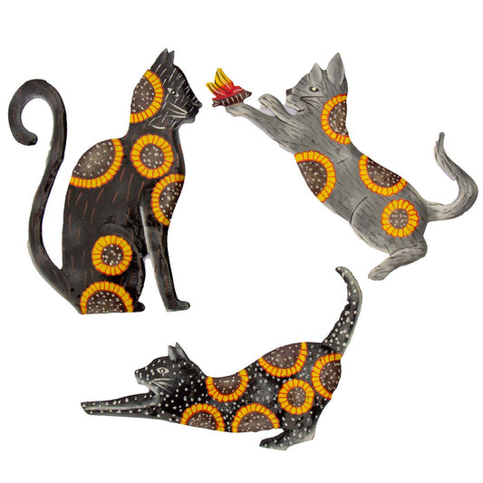 Three Hand Crafted Cat Steel Drum Wall Art Painted with Sunflowers, Fair Trade, Haiti