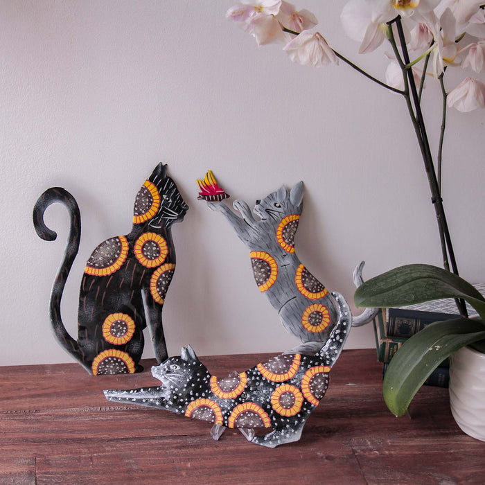 Three Hand Crafted Cat Steel Drum Wall Art Painted with Sunflowers, Fair Trade, Haiti