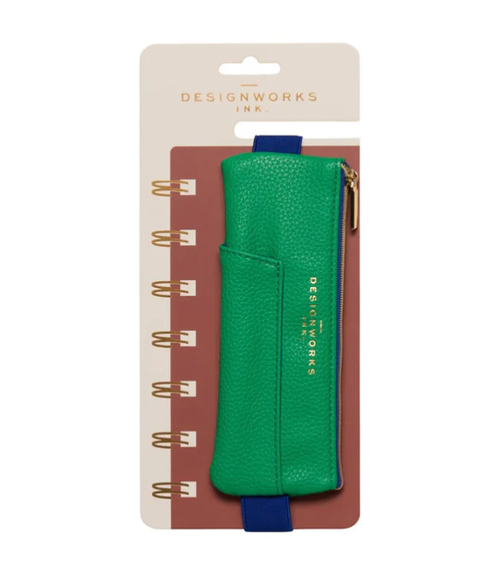 Vegan Leather Pen Pouch - Green & Navy