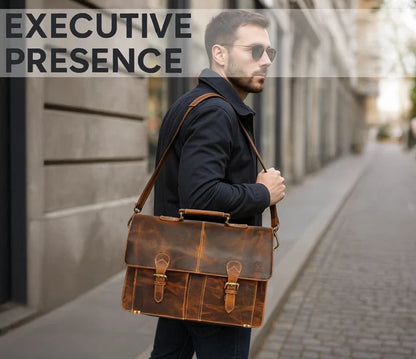 Wayne Premium 16" Leather Satchel Office Laptop Bag (Antique Brown)