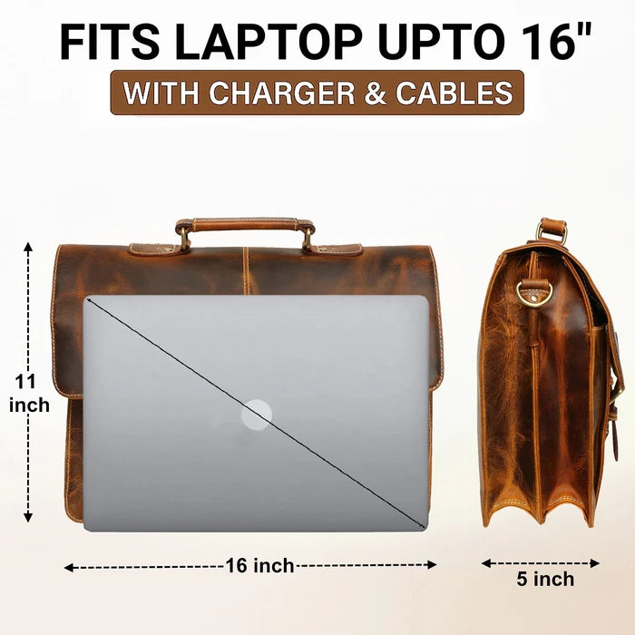 Wayne Premium 16" Leather Satchel Office Laptop Bag (Antique Brown)