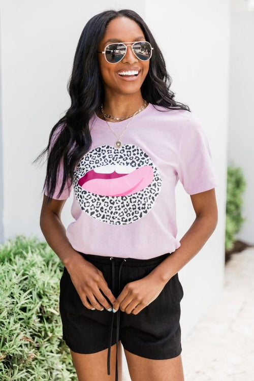 White Animal Print Lips Lilac Graphic Tee