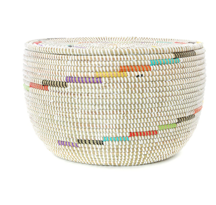 White Rainbow Swirl Handwoven African Cattail Decorative Storage Basket, Fair Trade