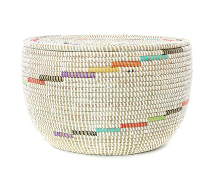 White Rainbow Swirl Handwoven African Cattail Decorative Storage Basket, Fair Trade
