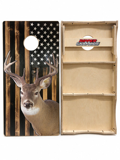 White Tail Deer Rustic American Flag Cornhole Design