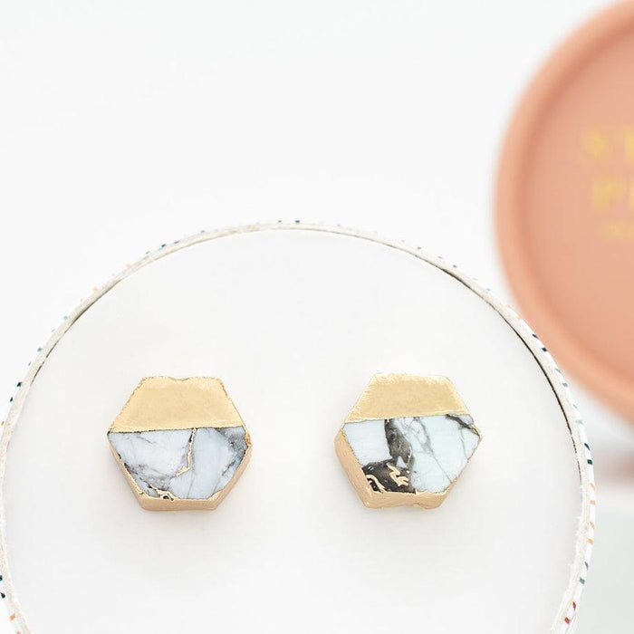 White Turquoise & Gold Hexacon Stud Earrings. Give Freedom to Women!