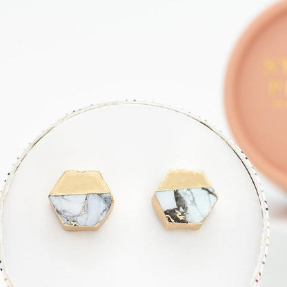 White Turquoise & Gold Hexacon Stud Earrings. Give Freedom to Women!