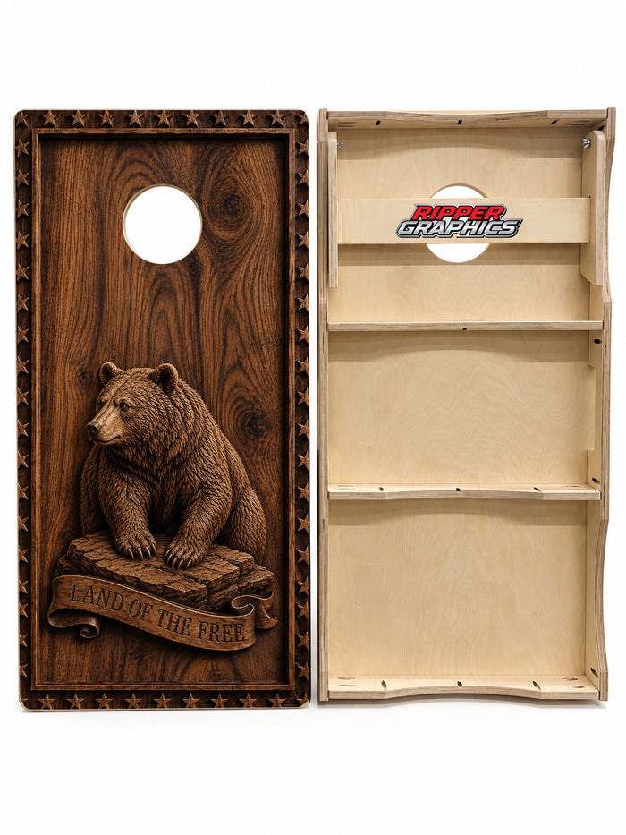 Wood Carved Bear Cornhole Design