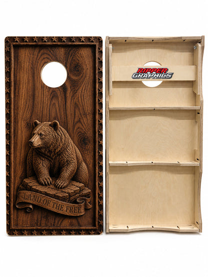 Wood Carved Bear Cornhole Design
