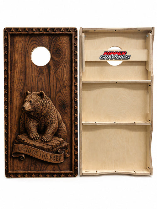 Wood Carved Bear Cornhole Design
