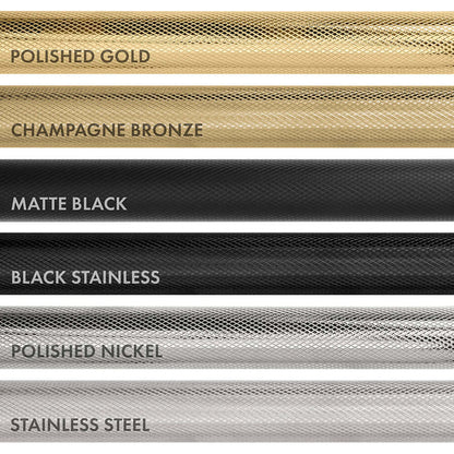 ZLINE Autograph Edition Helix handle finishes with knurled diamond texture. Top to Bottom Labeled: Polished Gold, Champagne Bronze, Matte Black, Black Stainless, Polished Nickel, and Stainless Steel.