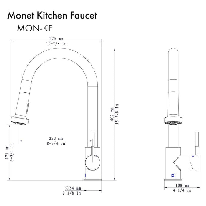 ZLINE Monet Kitchen Faucet in Polished Gold (MON-KF-PG) dimensional diagram.